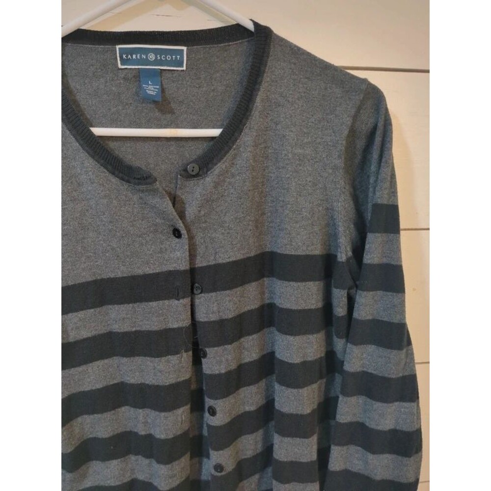 Karen Scott cardigan cotton blend large black gray stripe full academia winter